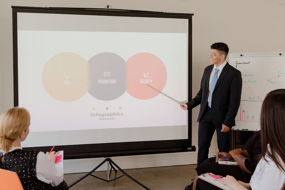 A professional presenting growth strategy with infographics during a business meeting.